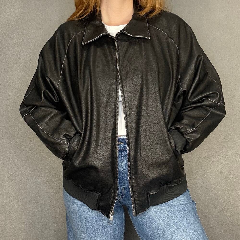 Wild Fable Large Washed Black Faux Leather Zip Front Bomber Jacket